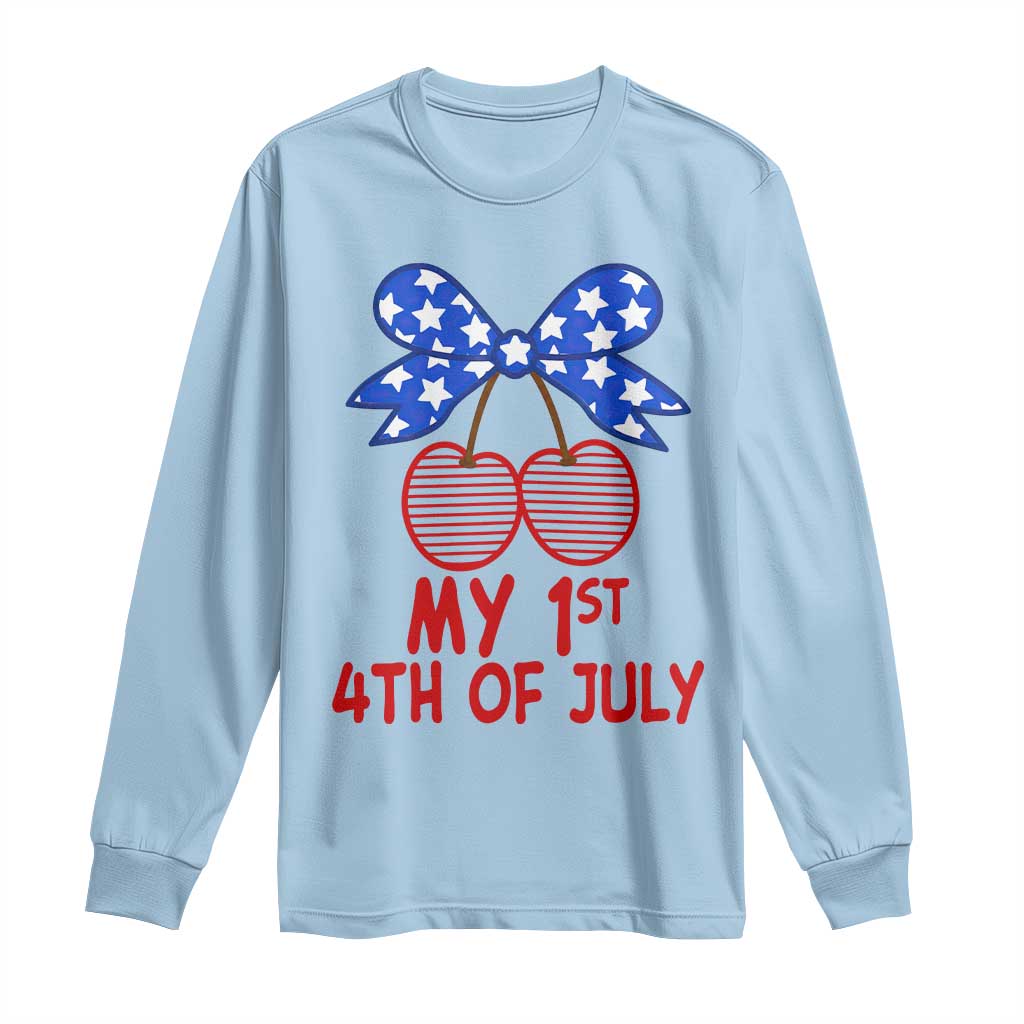 My 1st 4th of July Coquette Bow Striped Cherries Long Sleeve Shirt Preppy Patriotic Baby Girl Independence Holiday