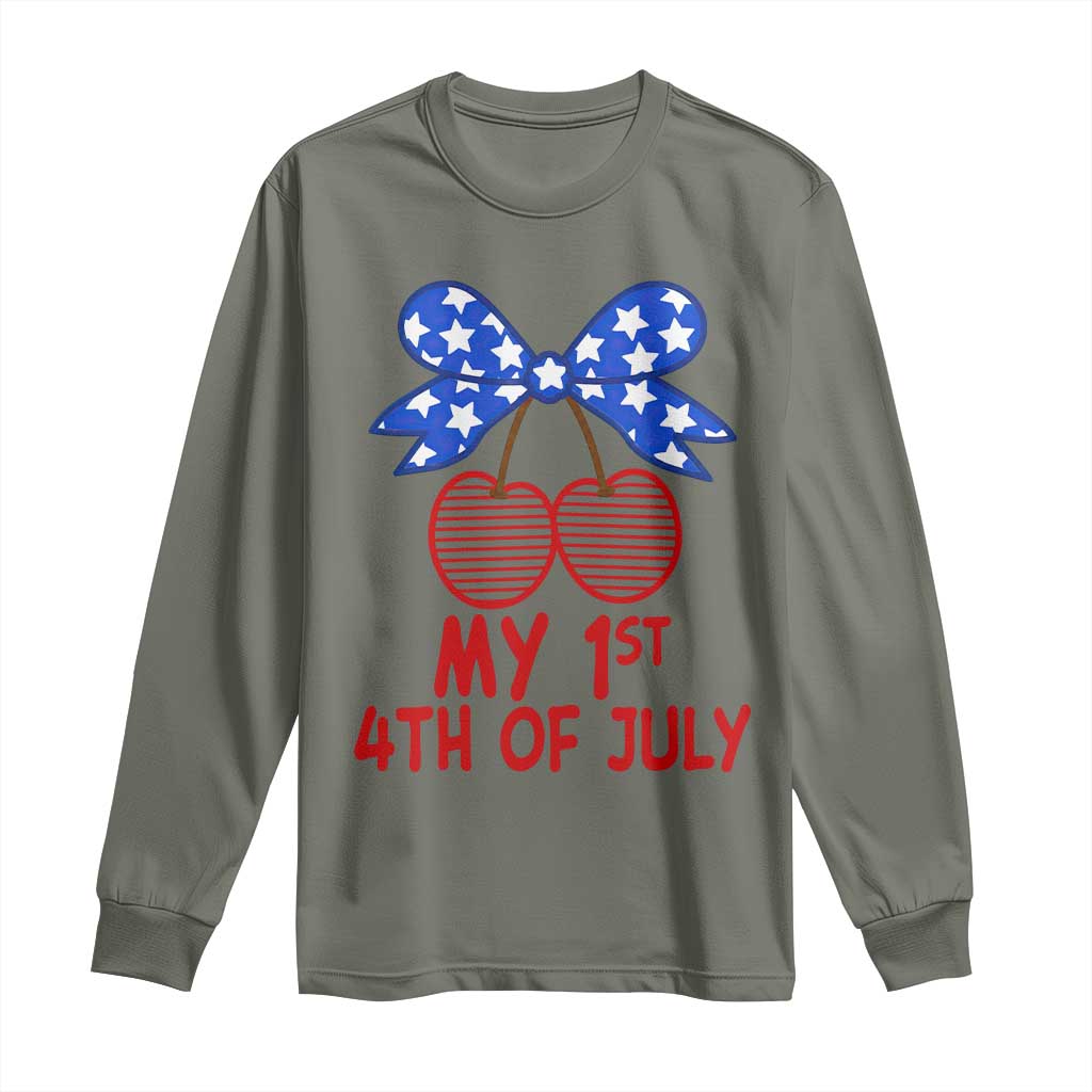 My 1st 4th of July Coquette Bow Striped Cherries Long Sleeve Shirt Preppy Patriotic Baby Girl Independence Holiday