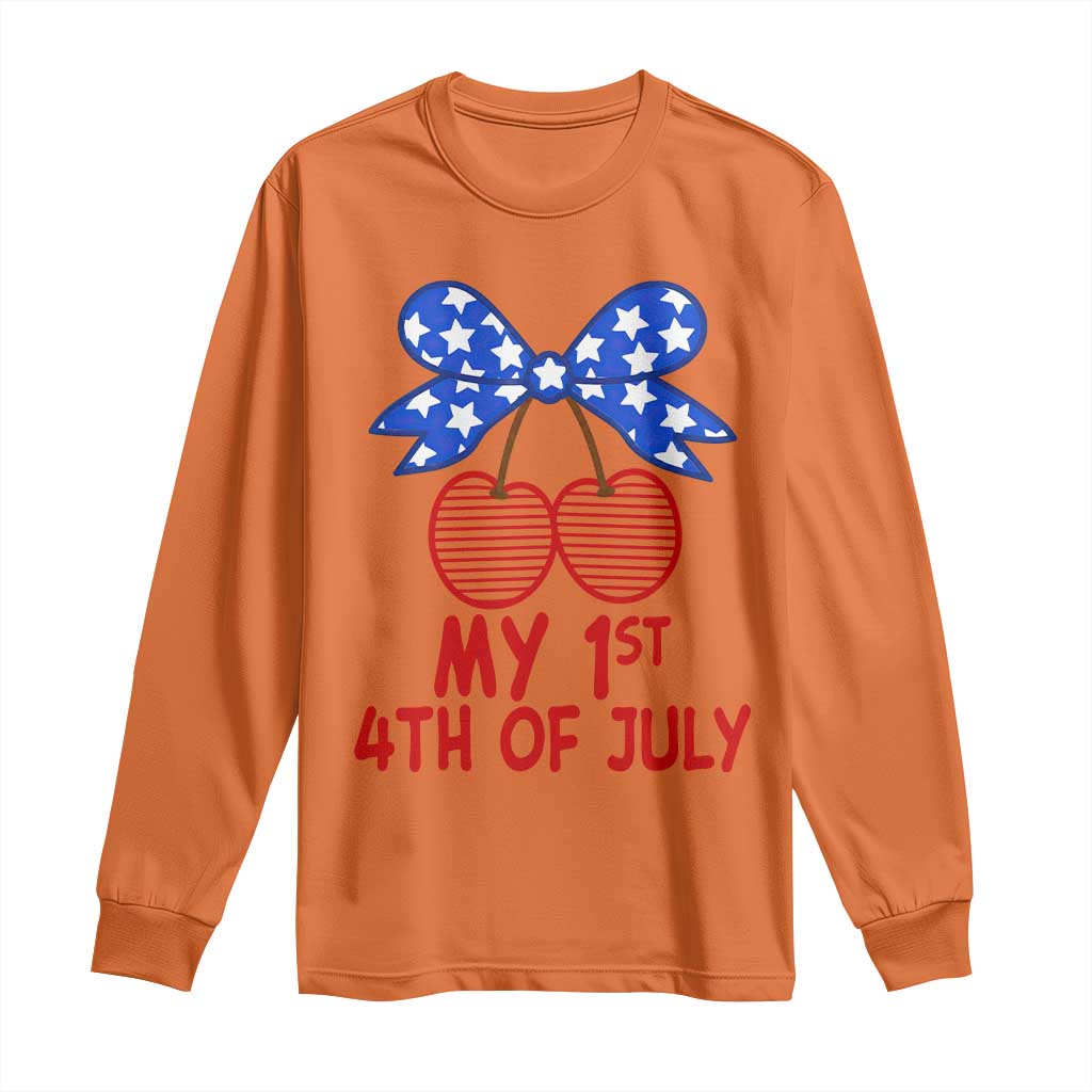 My 1st 4th of July Coquette Bow Striped Cherries Long Sleeve Shirt Preppy Patriotic Baby Girl Independence Holiday