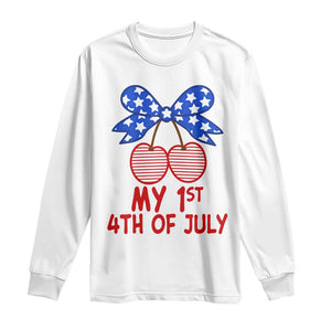 My 1st 4th of July Coquette Bow Striped Cherries Long Sleeve Shirt Preppy Patriotic Baby Girl Independence Holiday