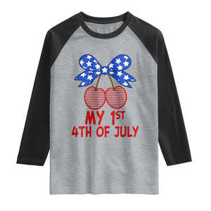 My 1st 4th of July Coquette Bow Striped Cherries Raglan Shirt Preppy Patriotic Baby Girl Independence Holiday