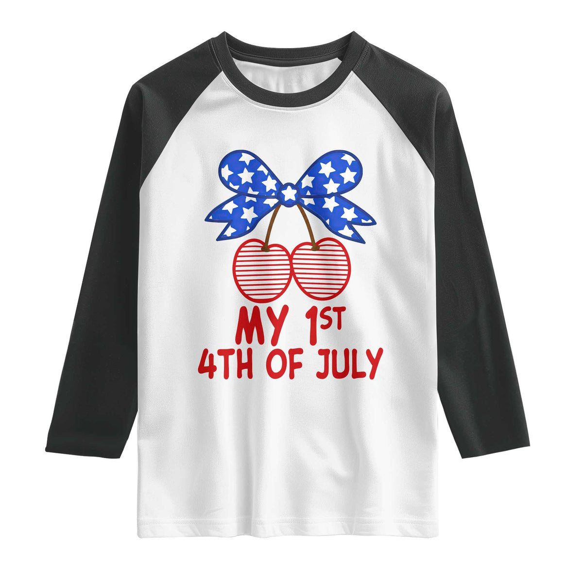 My 1st 4th of July Coquette Bow Striped Cherries Raglan Shirt Preppy Patriotic Baby Girl Independence Holiday