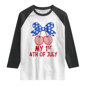 My 1st 4th of July Coquette Bow Striped Cherries Raglan Shirt Preppy Patriotic Baby Girl Independence Holiday