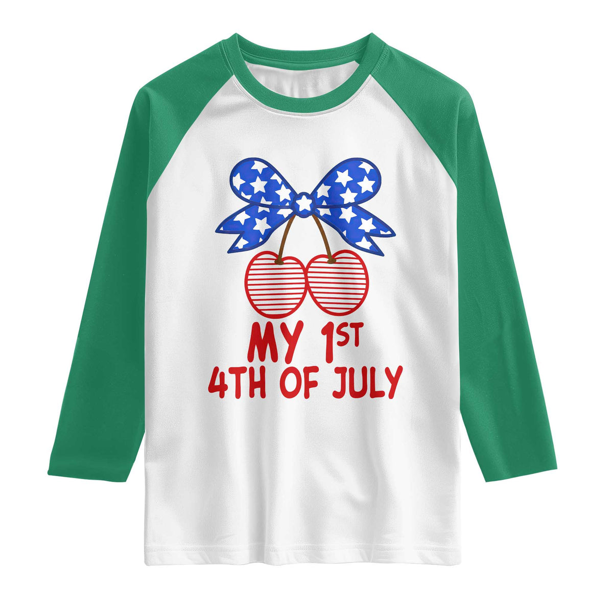My 1st 4th of July Coquette Bow Striped Cherries Raglan Shirt Preppy Patriotic Baby Girl Independence Holiday