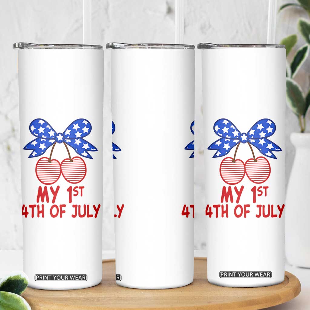 My 1st 4th of July Coquette Bow Striped Cherries Skinny Tumbler Preppy Patriotic Baby Girl Independence Holiday