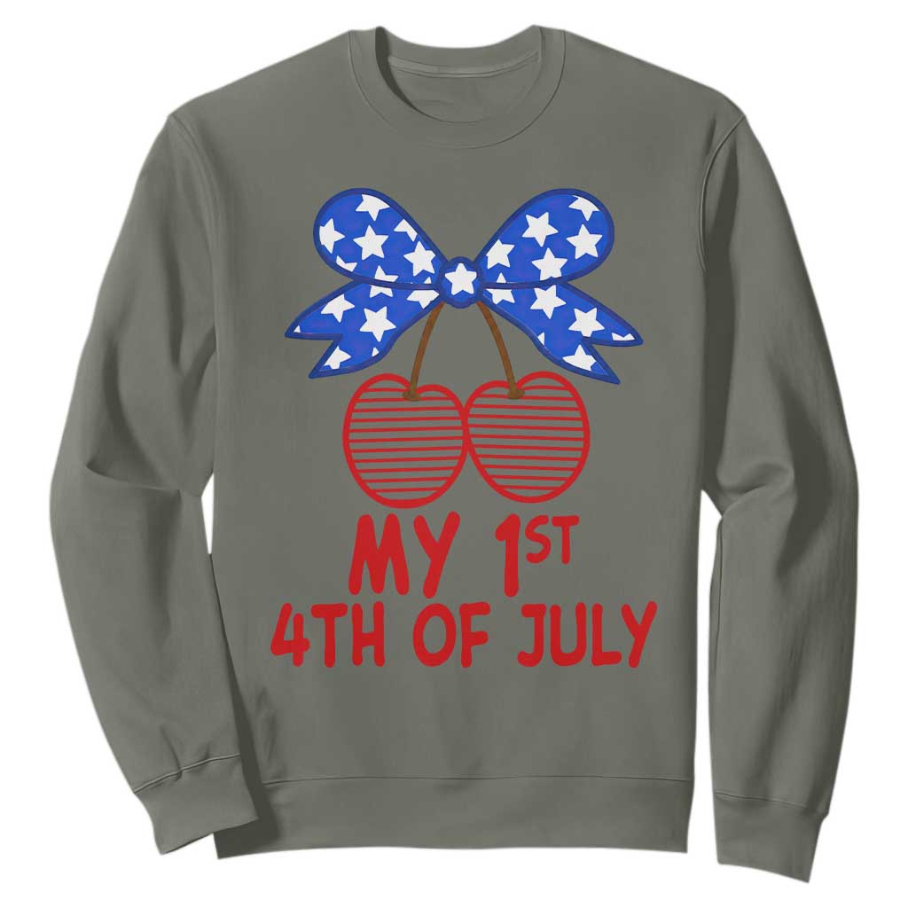 My 1st 4th of July Coquette Bow Striped Cherries Sweatshirt Preppy Patriotic Baby Girl Independence Holiday