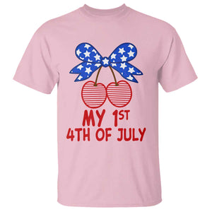 My 1st 4th of July Coquette Bow Striped Cherries T Shirt Preppy Patriotic Baby Girl Independence Holiday