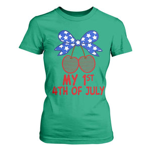 My 1st 4th of July Coquette Bow Striped Cherries T Shirt For Women Preppy Patriotic Baby Girl Independence Holiday
