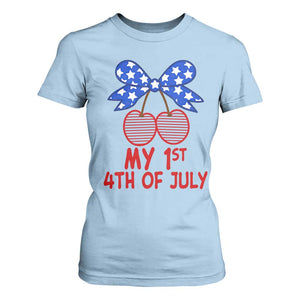My 1st 4th of July Coquette Bow Striped Cherries T Shirt For Women Preppy Patriotic Baby Girl Independence Holiday