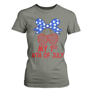 My 1st 4th of July Coquette Bow Striped Cherries T Shirt For Women Preppy Patriotic Baby Girl Independence Holiday