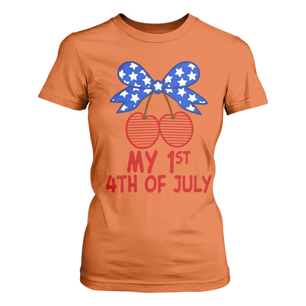 My 1st 4th of July Coquette Bow Striped Cherries T Shirt For Women Preppy Patriotic Baby Girl Independence Holiday