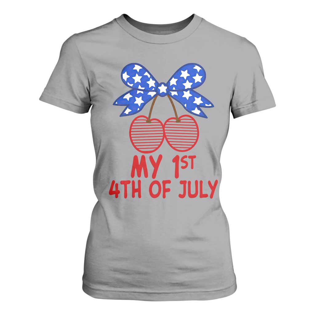 My 1st 4th of July Coquette Bow Striped Cherries T Shirt For Women Preppy Patriotic Baby Girl Independence Holiday