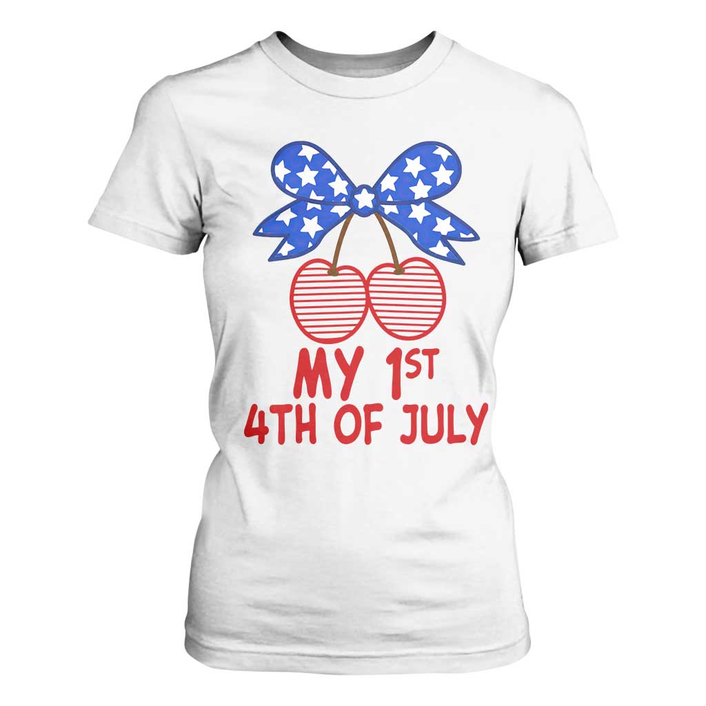 My 1st 4th of July Coquette Bow Striped Cherries T Shirt For Women Preppy Patriotic Baby Girl Independence Holiday