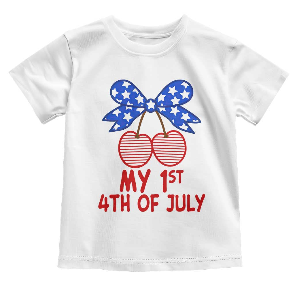 My 1st 4th of July Coquette Bow Striped Cherries Toddler T Shirt Preppy Patriotic Baby Girl Independence Holiday