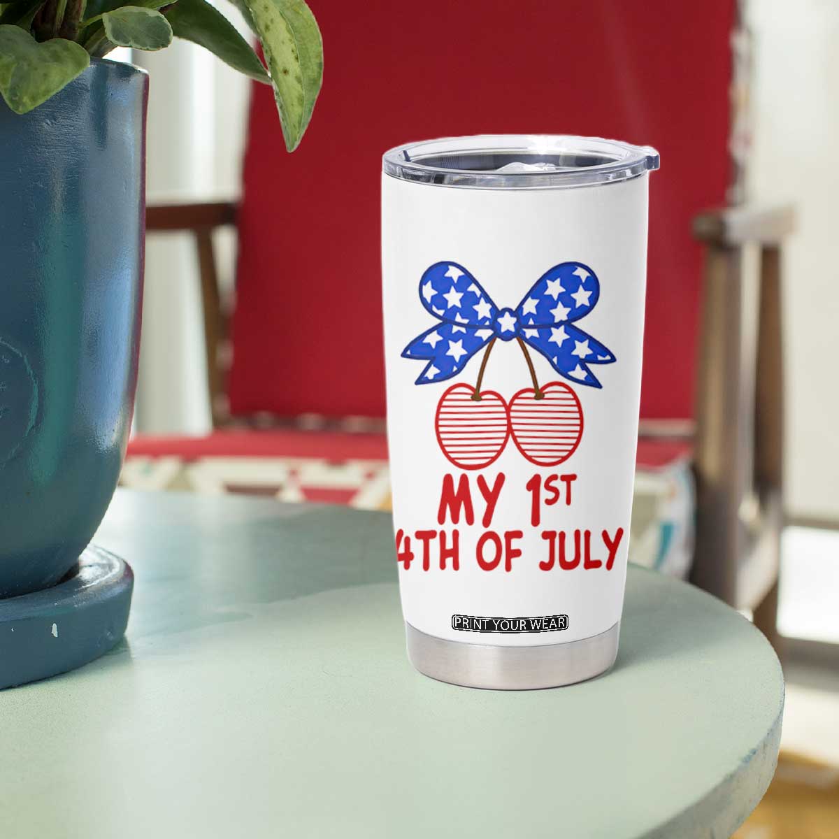 My 1st 4th of July Coquette Bow Striped Cherries Tumbler Cup Preppy Patriotic Baby Girl Independence Holiday
