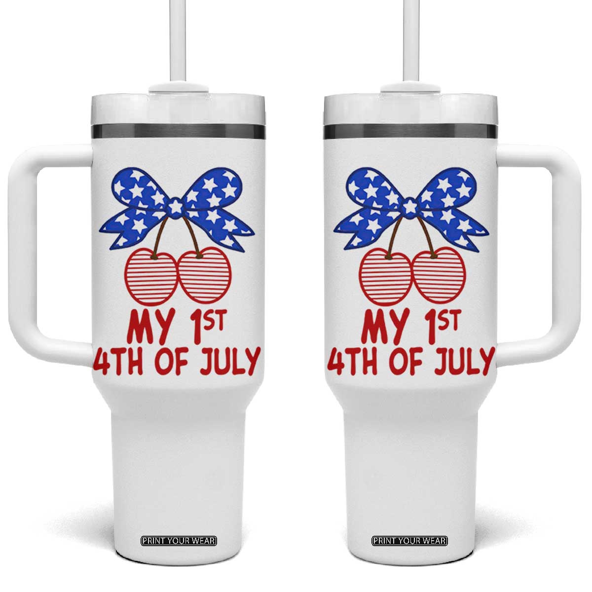 My 1st 4th of July Coquette Bow Striped Cherries Tumbler With Handle Preppy Patriotic Baby Girl Independence Holiday
