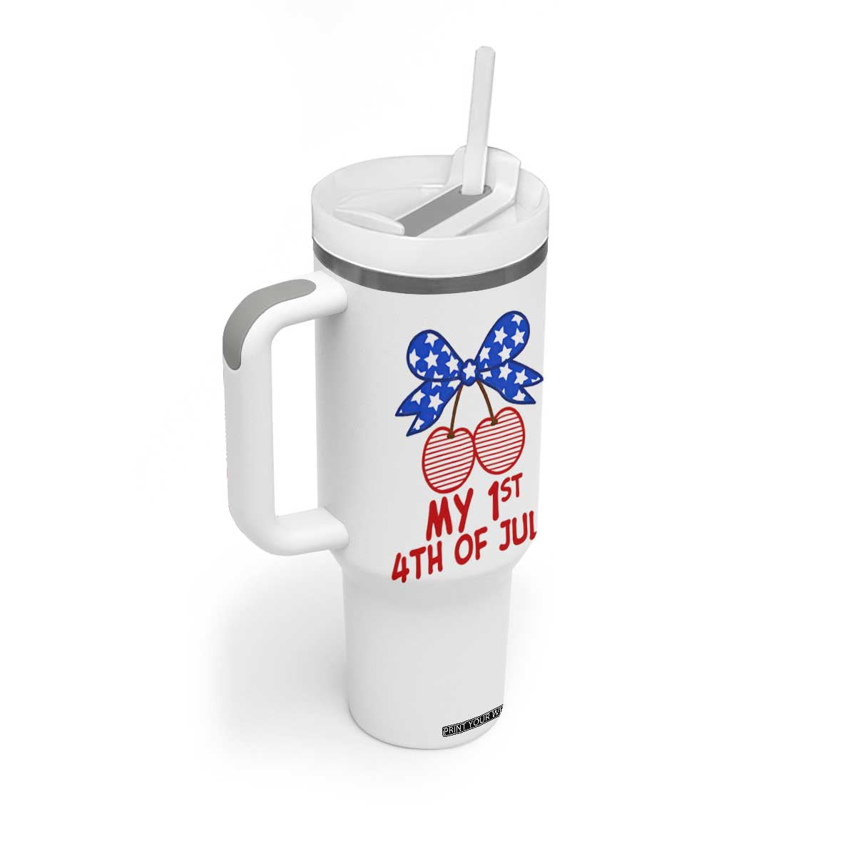 My 1st 4th of July Coquette Bow Striped Cherries Tumbler With Handle Preppy Patriotic Baby Girl Independence Holiday