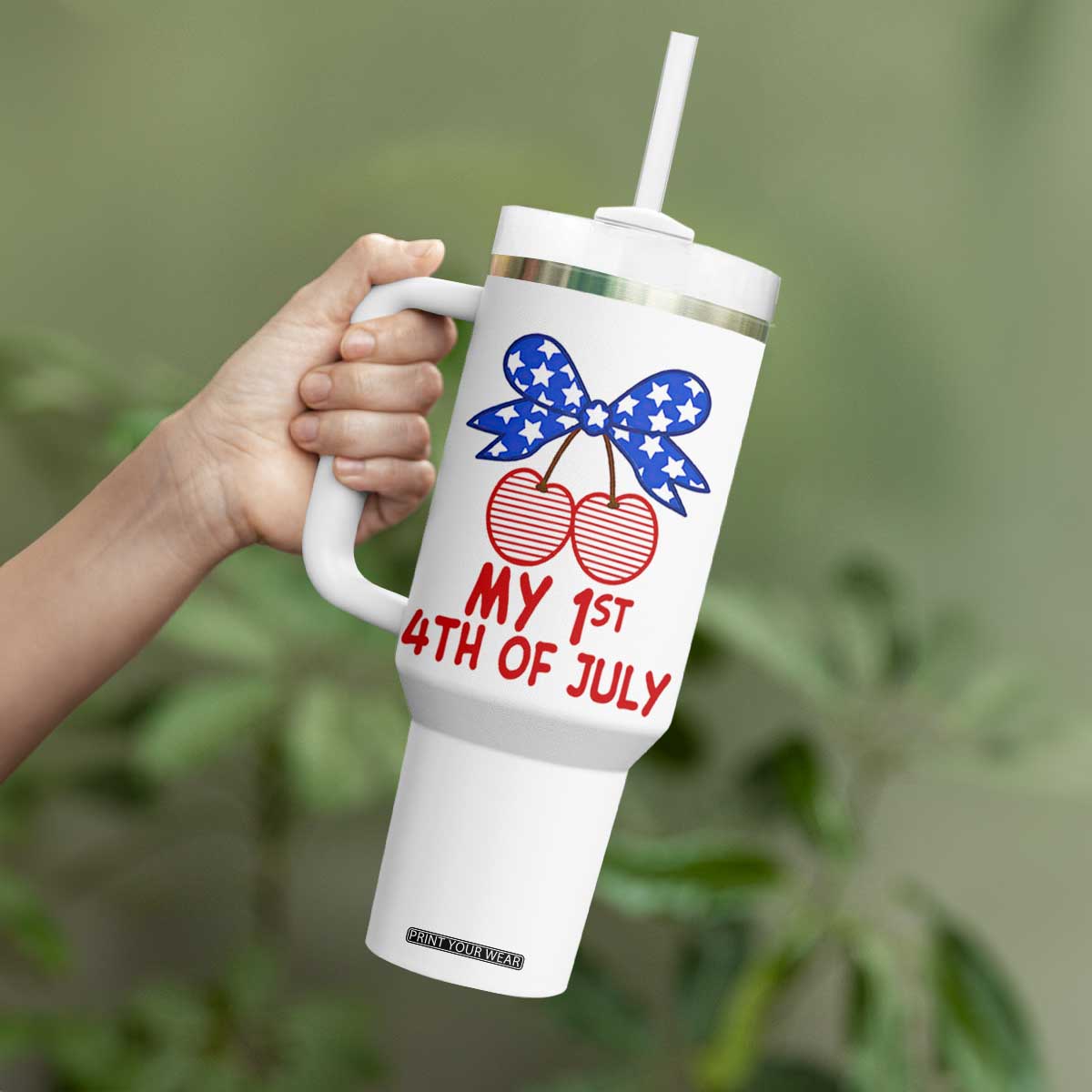 My 1st 4th of July Coquette Bow Striped Cherries Tumbler With Handle Preppy Patriotic Baby Girl Independence Holiday