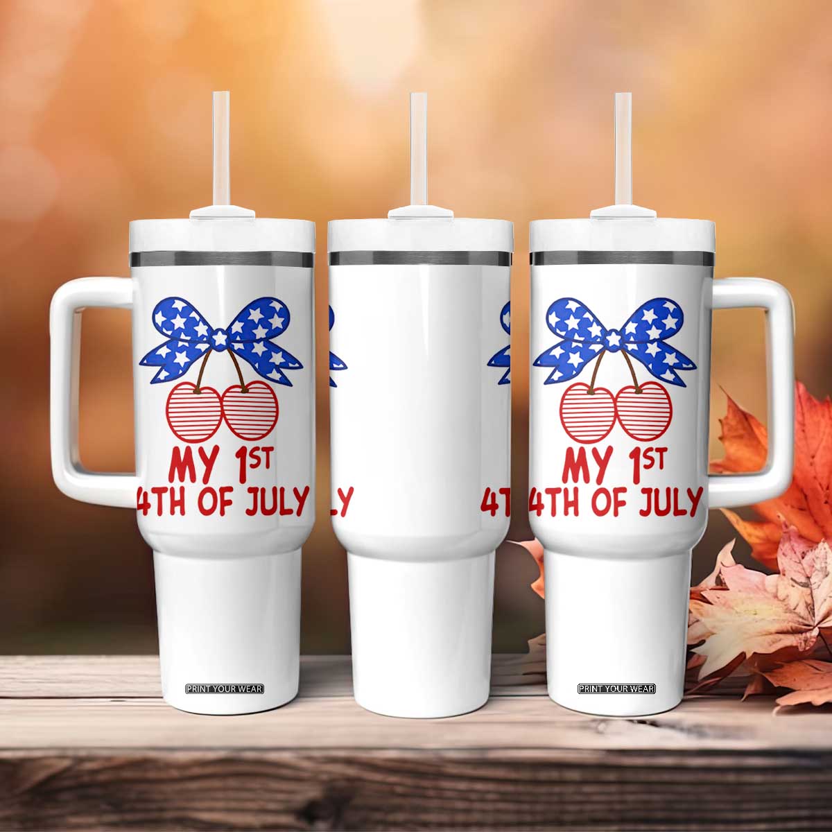 My 1st 4th of July Coquette Bow Striped Cherries Tumbler With Handle Preppy Patriotic Baby Girl Independence Holiday