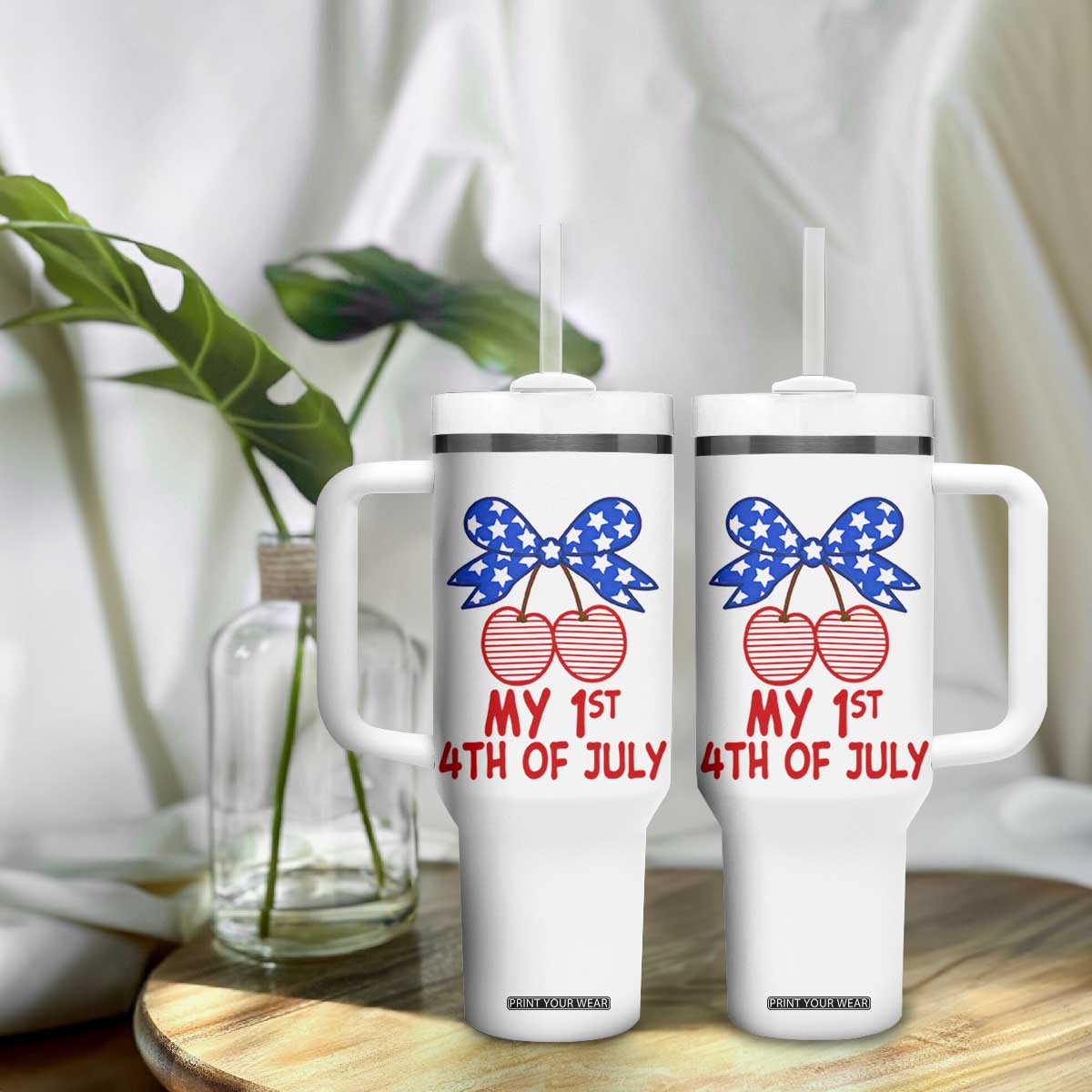 My 1st 4th of July Coquette Bow Striped Cherries Tumbler With Handle Preppy Patriotic Baby Girl Independence Holiday