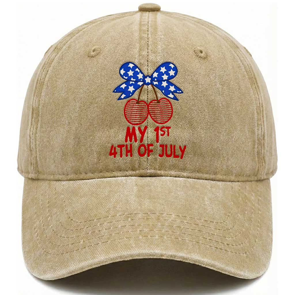 My 1st 4th of July Coquette Bow Striped Cherries Washed Cotton Baseball Cap Preppy Patriotic Baby Girl Independence Holiday