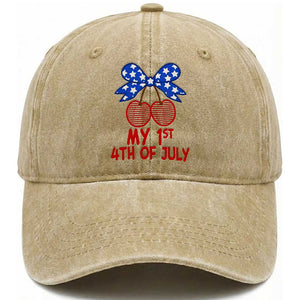 My 1st 4th of July Coquette Bow Striped Cherries Washed Cotton Baseball Cap Preppy Patriotic Baby Girl Independence Holiday