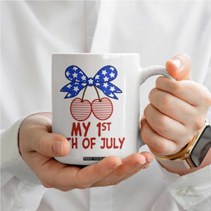 My 1st 4th of July Coquette Bow Striped Cherries Coffee Mug Preppy Patriotic Baby Girl Independence Holiday