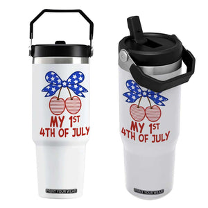 My 1st 4th of July Coquette Bow Striped Cherries Flip Straw Tumbler Preppy Patriotic Baby Girl Independence Holiday