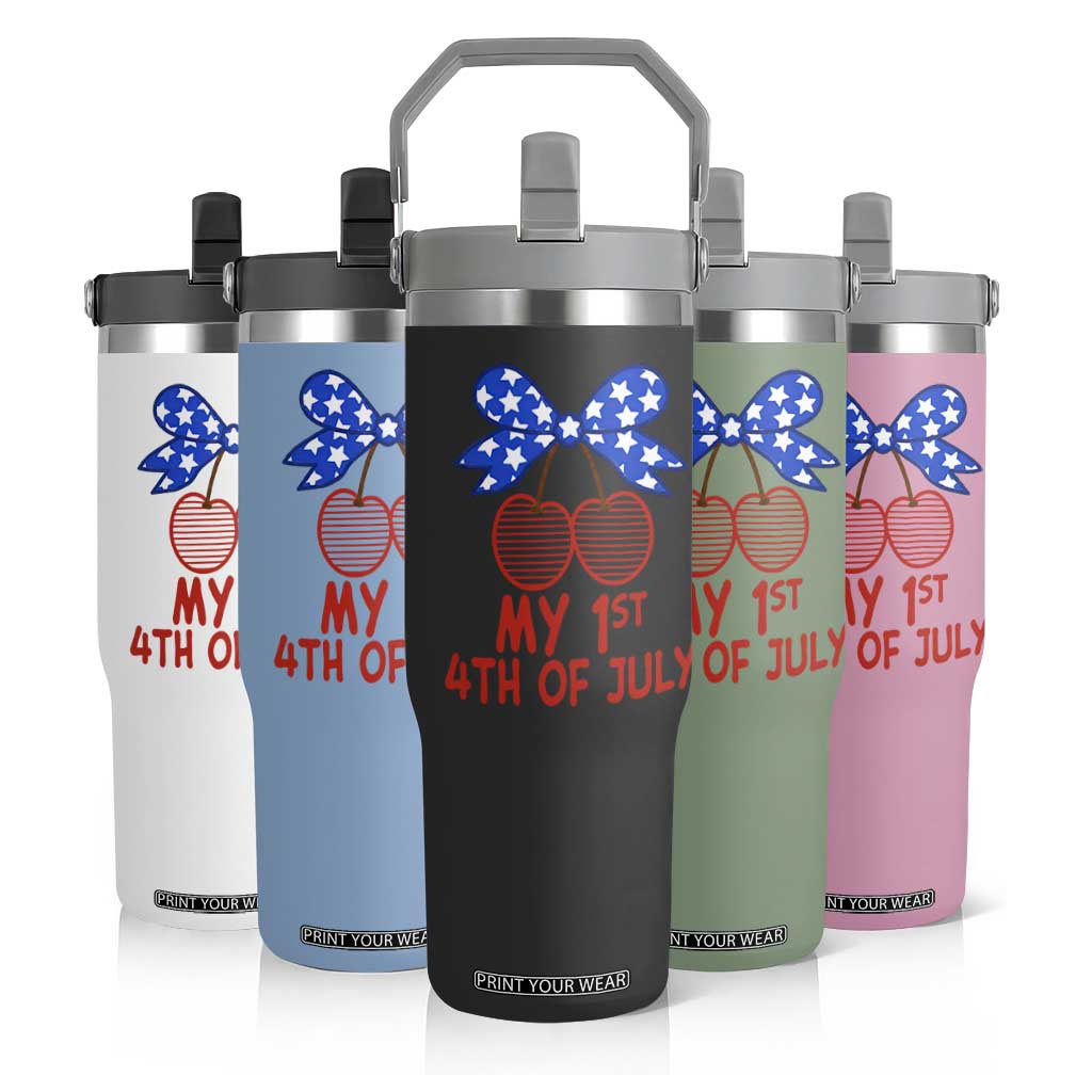 My 1st 4th of July Coquette Bow Striped Cherries Flip Straw Tumbler Preppy Patriotic Baby Girl Independence Holiday