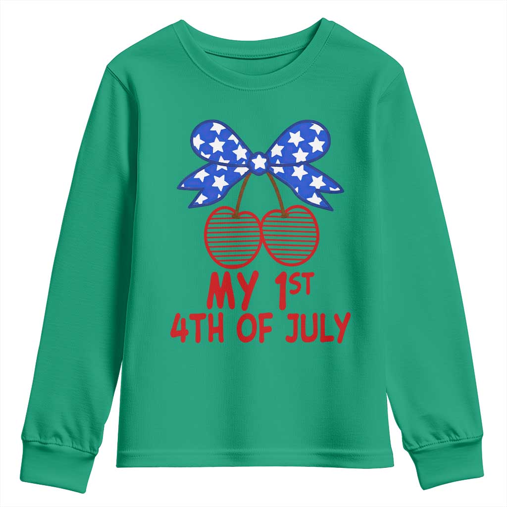 My 1st 4th of July Coquette Bow Striped Cherries Youth Sweatshirt Preppy Patriotic Baby Girl Independence Holiday