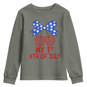 My 1st 4th of July Coquette Bow Striped Cherries Youth Sweatshirt Preppy Patriotic Baby Girl Independence Holiday