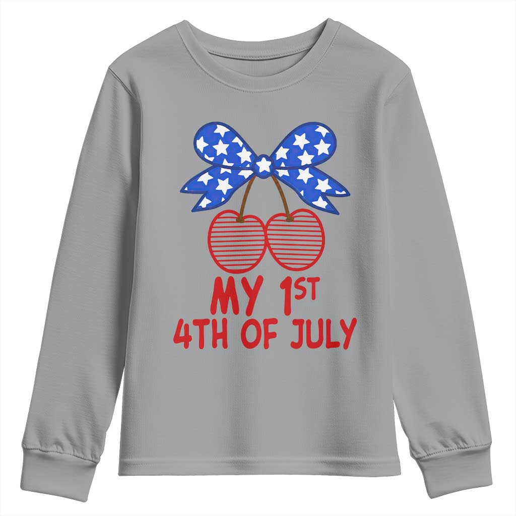 My 1st 4th of July Coquette Bow Striped Cherries Youth Sweatshirt Preppy Patriotic Baby Girl Independence Holiday