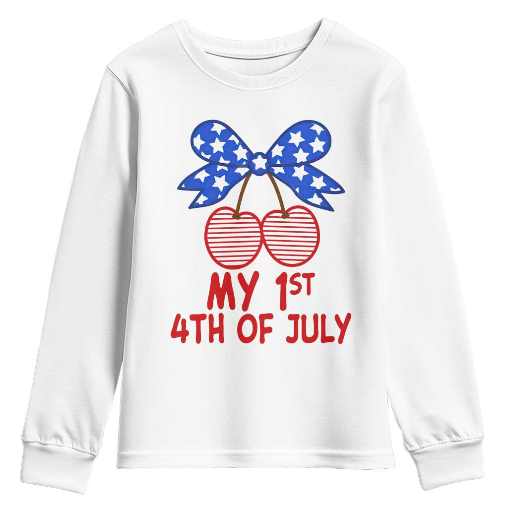 My 1st 4th of July Coquette Bow Striped Cherries Youth Sweatshirt Preppy Patriotic Baby Girl Independence Holiday TS02 White Print Your Wear