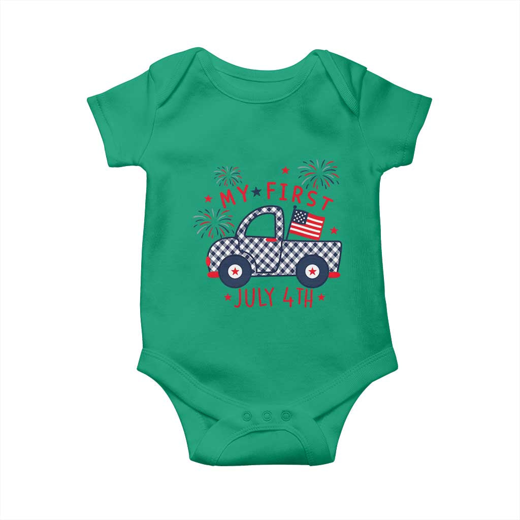 My First July 4th Gingham Vintage Truck Americana Baby Onesie Patriotic Fireworks Independence Holiday Milestone