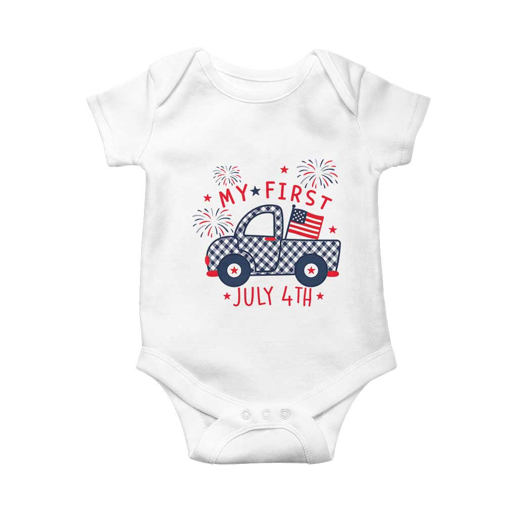 My First July 4th Gingham Vintage Truck Americana Baby Onesie Patriotic Fireworks Independence Holiday Milestone