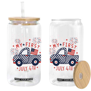 My First July 4th Gingham Vintage Truck Americana Glass Can Patriotic Fireworks Independence Holiday Milestone