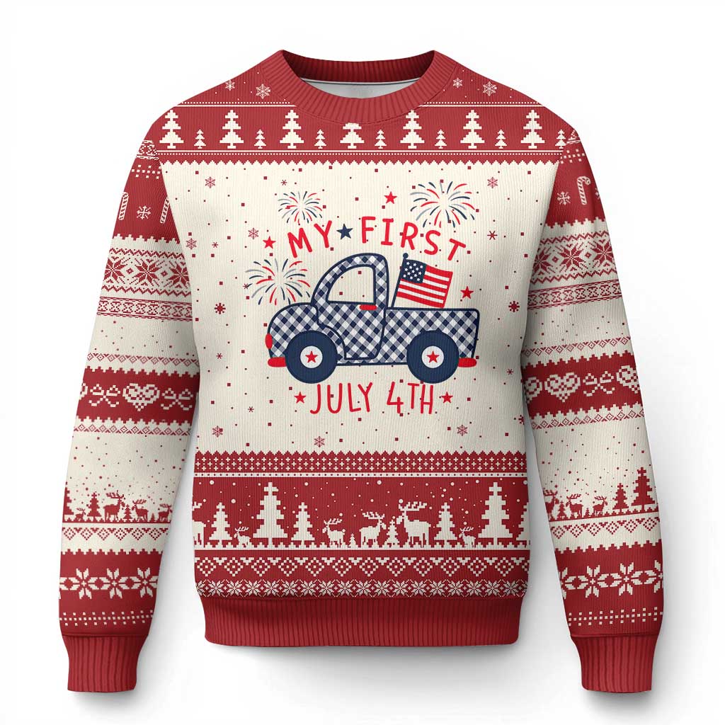 My First July 4th Gingham Vintage Truck Americana Ugly Christmas Sweater Patriotic Fireworks Independence Holiday Milestone