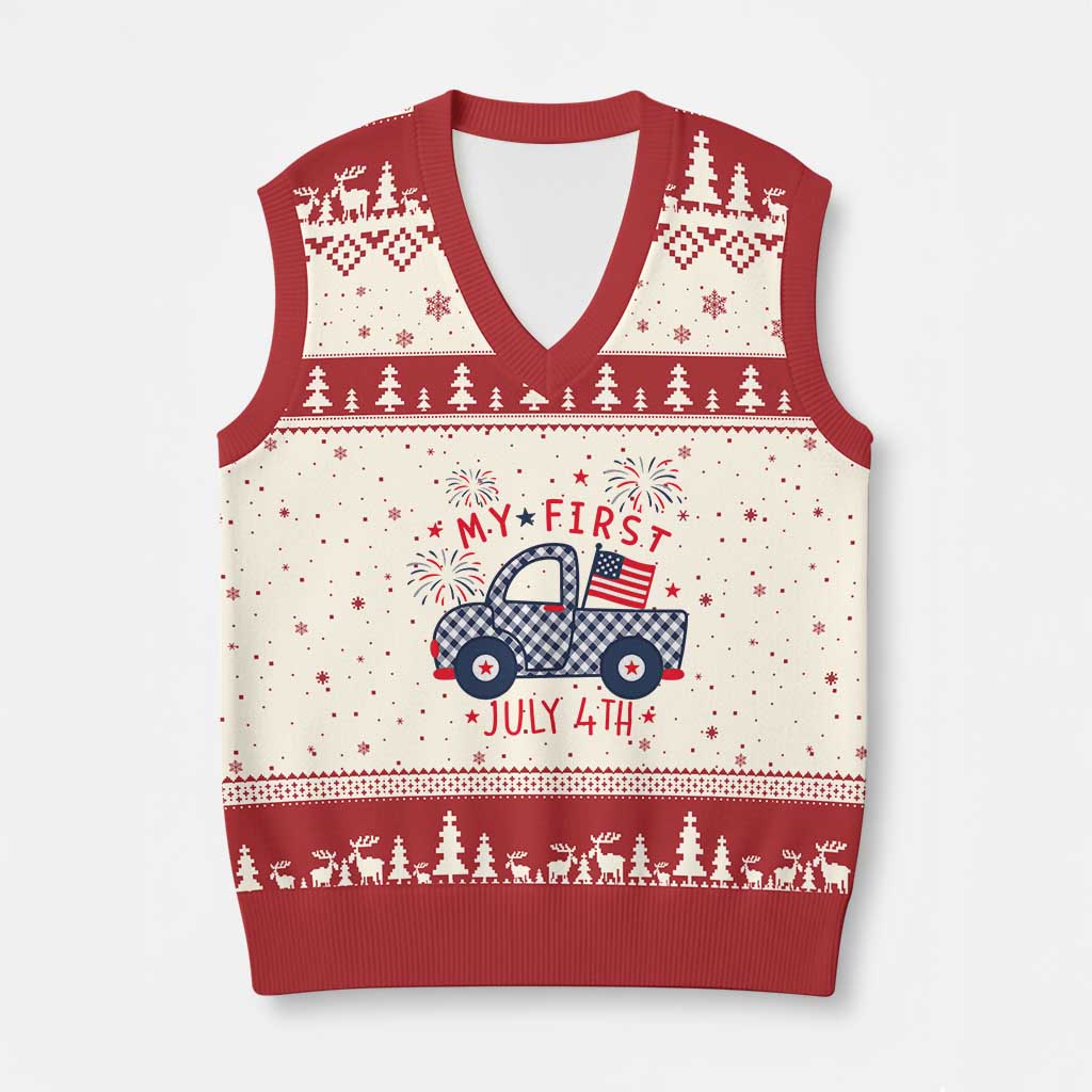 My First July 4th Gingham Vintage Truck Americana V-Neck Knit Sweater Vest Patriotic Fireworks Independence Holiday Milestone