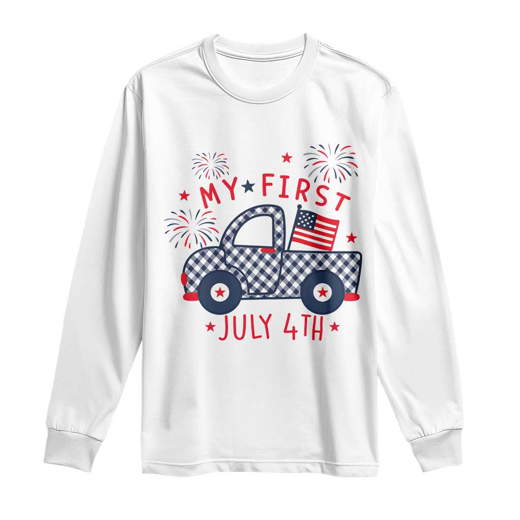 My First July 4th Gingham Vintage Truck Americana Long Sleeve Shirt Patriotic Fireworks Independence Holiday Milestone TS02 White Print Your Wear