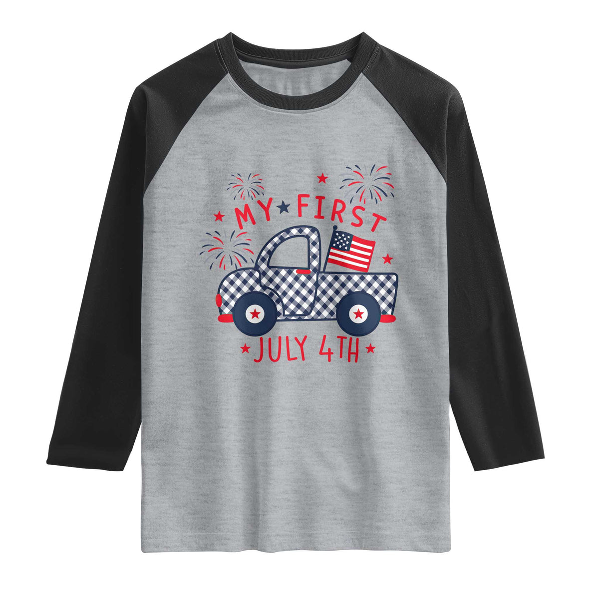 My First July 4th Gingham Vintage Truck Americana Raglan Shirt Patriotic Fireworks Independence Holiday Milestone