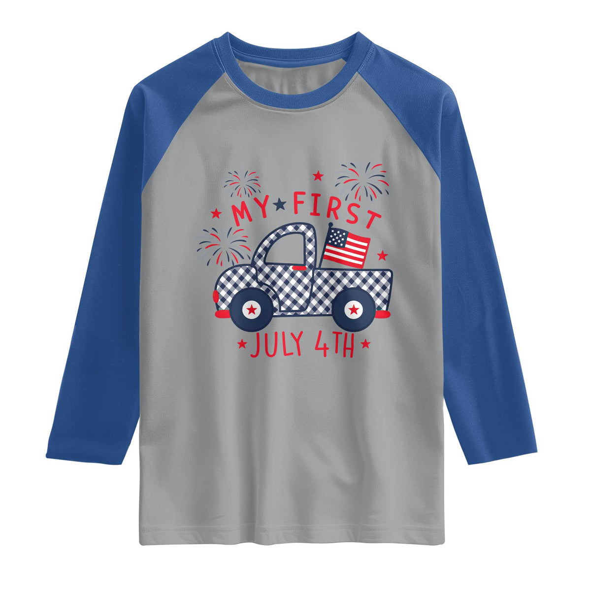 My First July 4th Gingham Vintage Truck Americana Raglan Shirt Patriotic Fireworks Independence Holiday Milestone