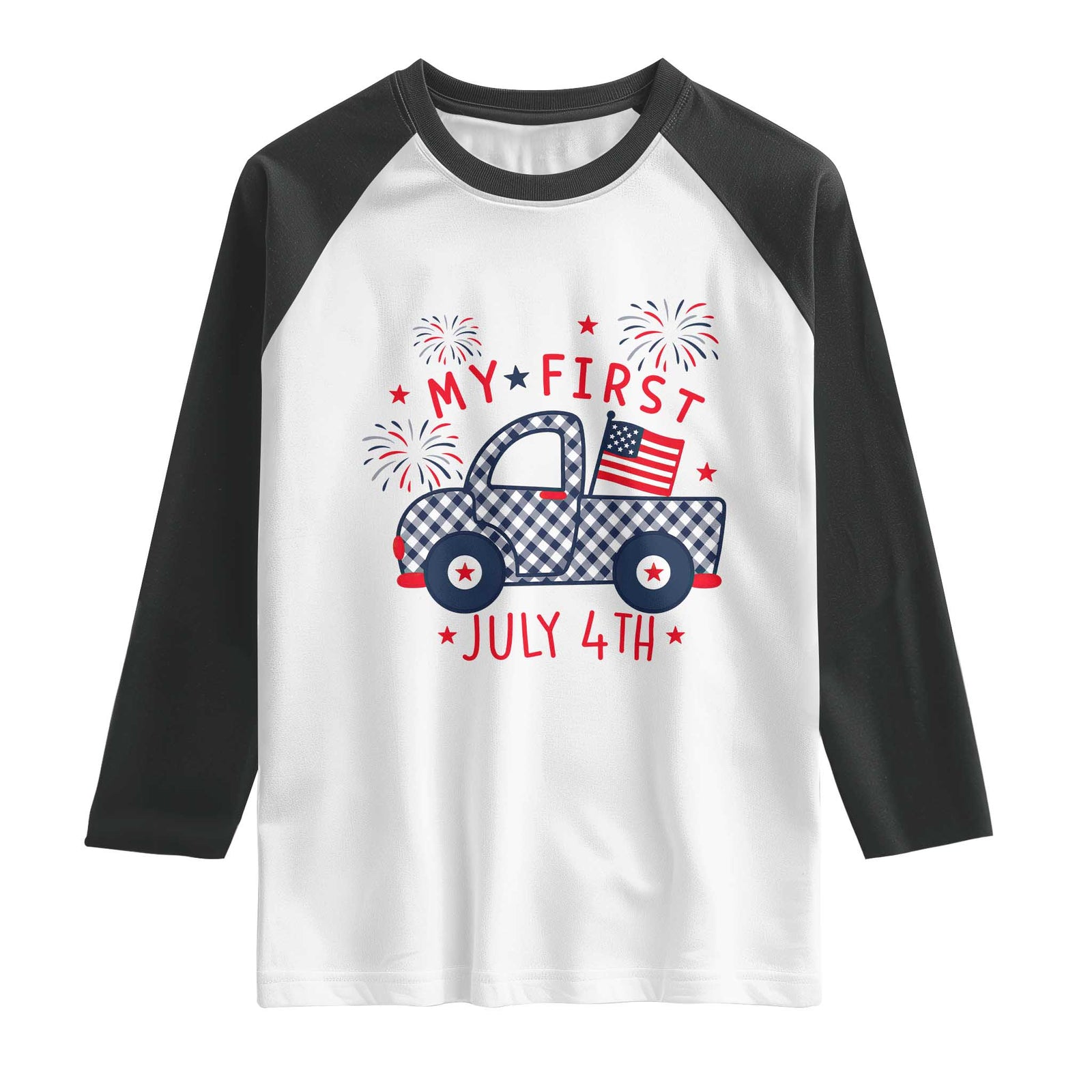My First July 4th Gingham Vintage Truck Americana Raglan Shirt Patriotic Fireworks Independence Holiday Milestone TS02 White Black Print Your Wear