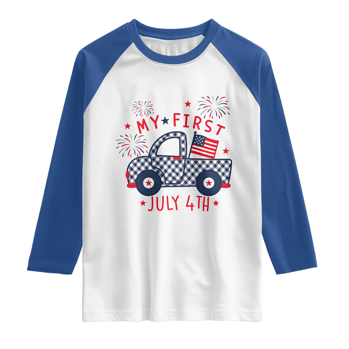 My First July 4th Gingham Vintage Truck Americana Raglan Shirt Patriotic Fireworks Independence Holiday Milestone