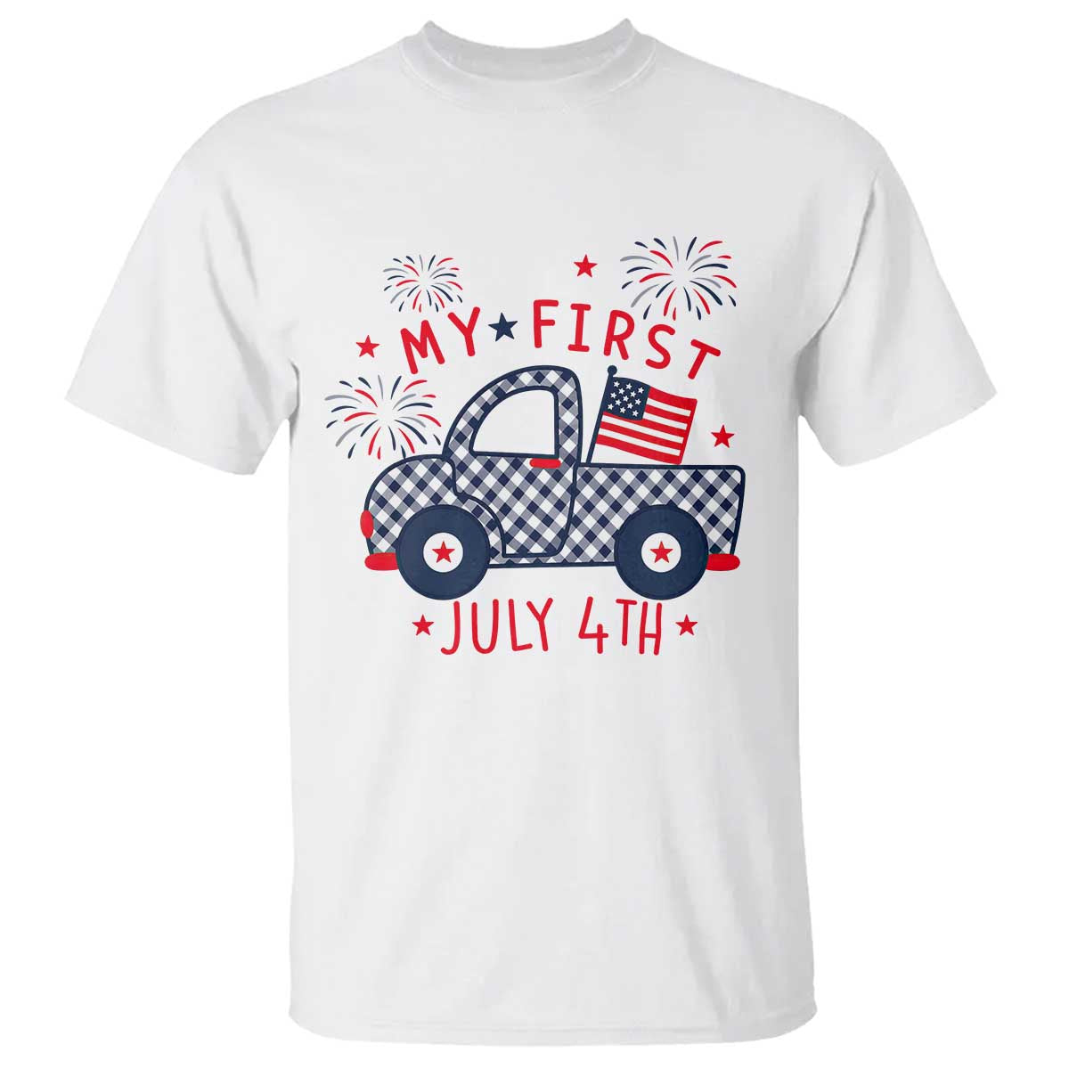 My First July 4th Gingham Vintage Truck Americana T Shirt Patriotic Fireworks Independence Holiday Milestone TS02 White Print Your Wear