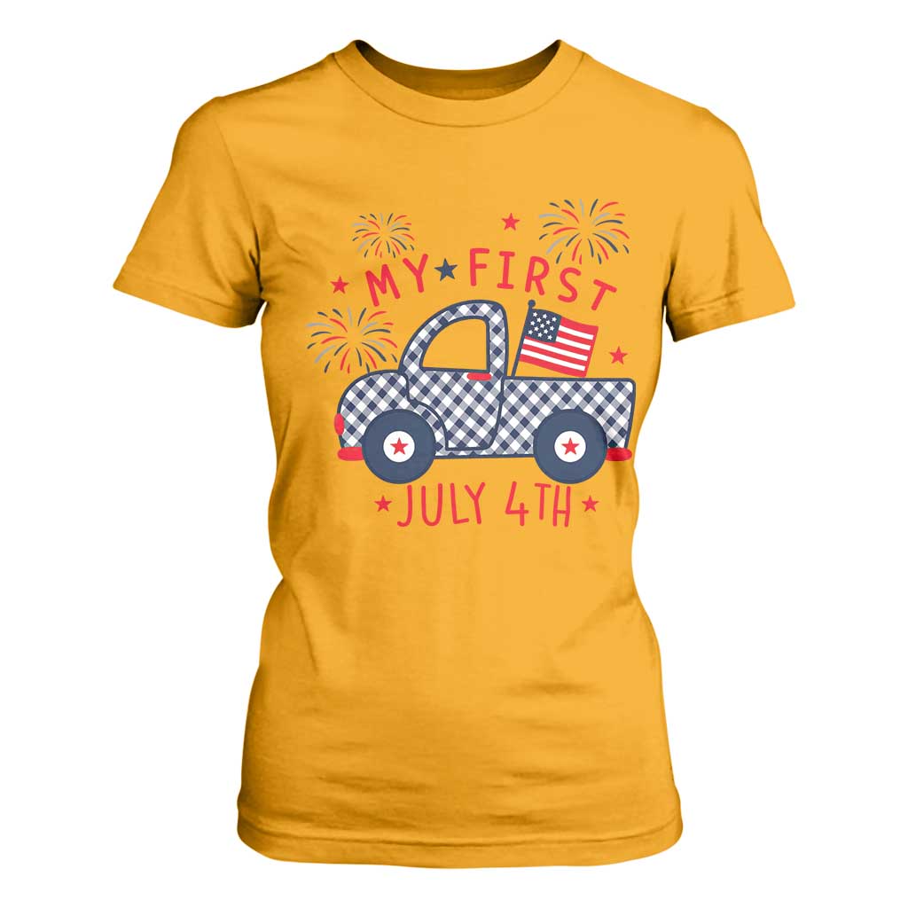 My First July 4th Gingham Vintage Truck Americana T Shirt For Women Patriotic Fireworks Independence Holiday Milestone