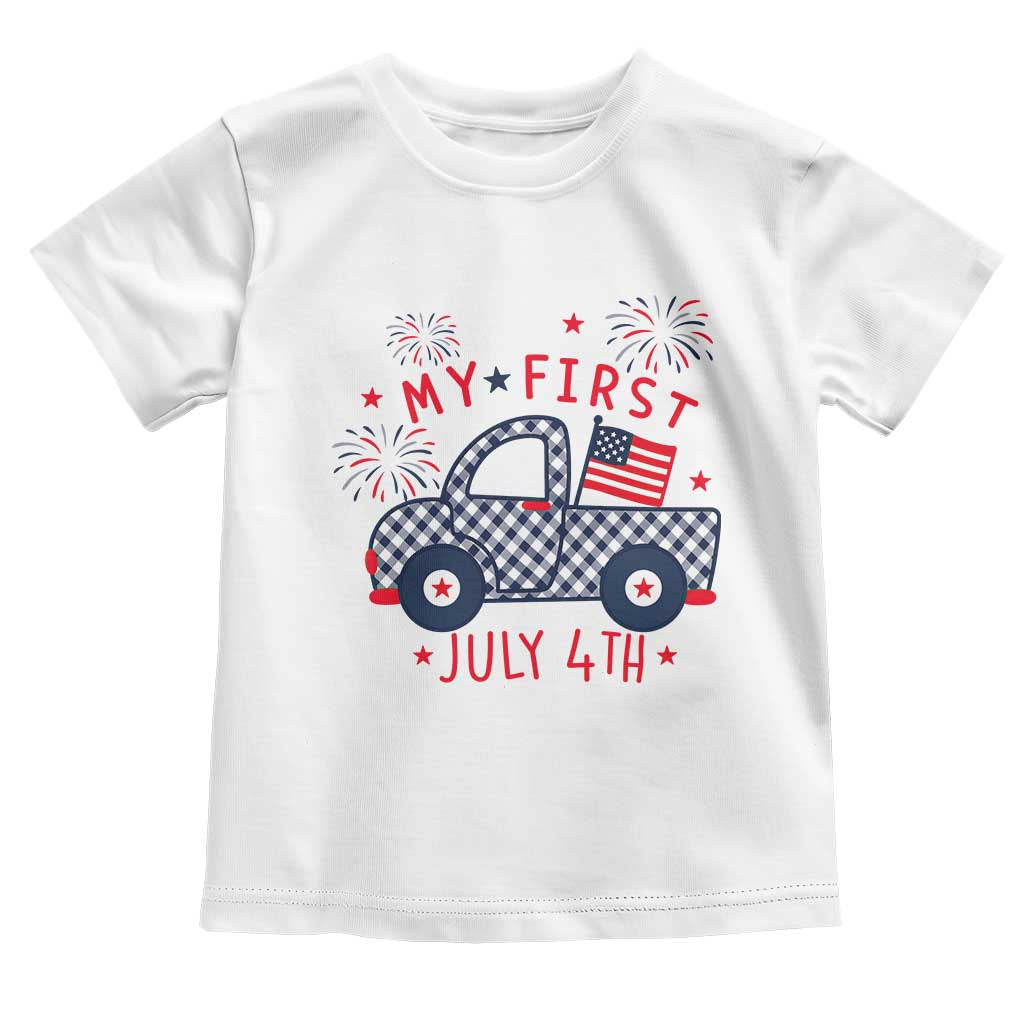 My First July 4th Gingham Vintage Truck Americana Toddler T Shirt Patriotic Fireworks Independence Holiday Milestone TS02 White Print Your Wear