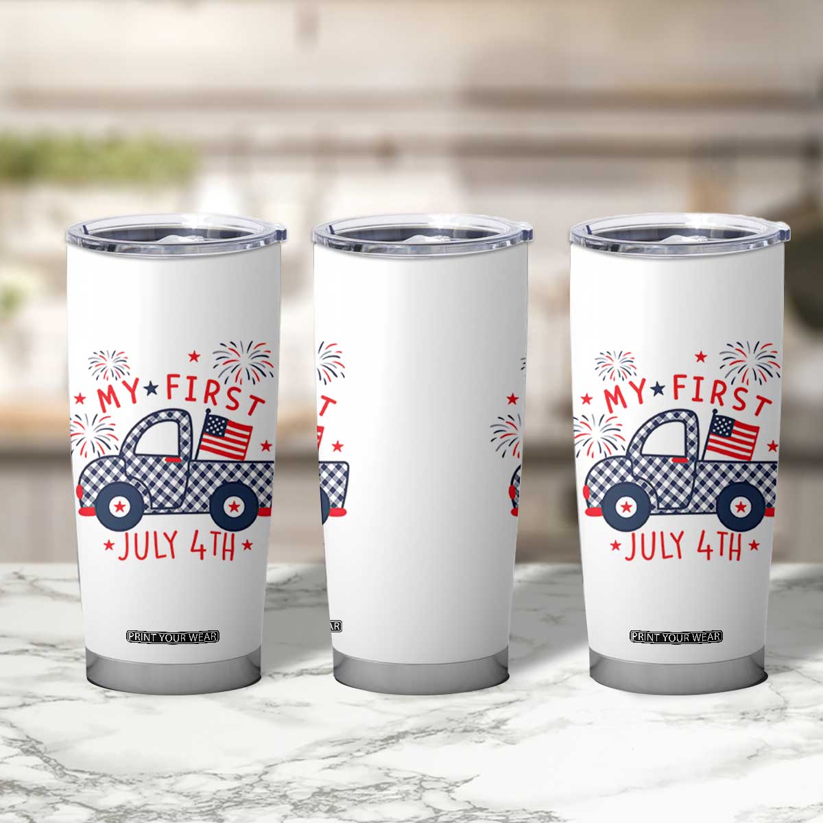 My First July 4th Gingham Vintage Truck Americana Tumbler Cup Patriotic Fireworks Independence Holiday Milestone