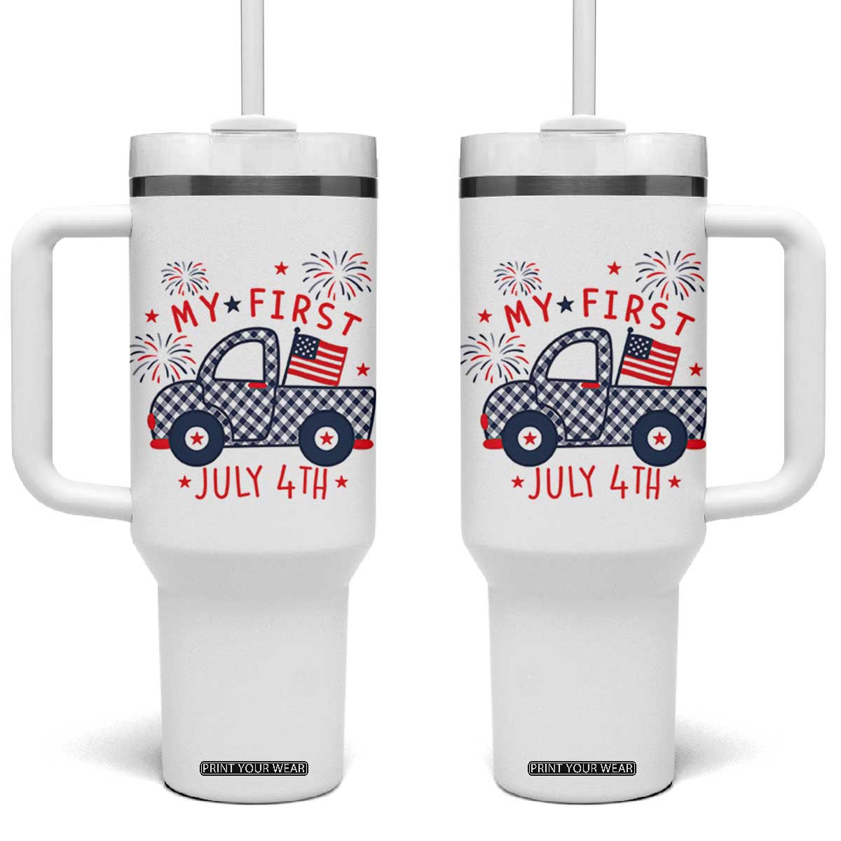 My First July 4th Gingham Vintage Truck Americana Tumbler With Handle Patriotic Fireworks Independence Holiday Milestone