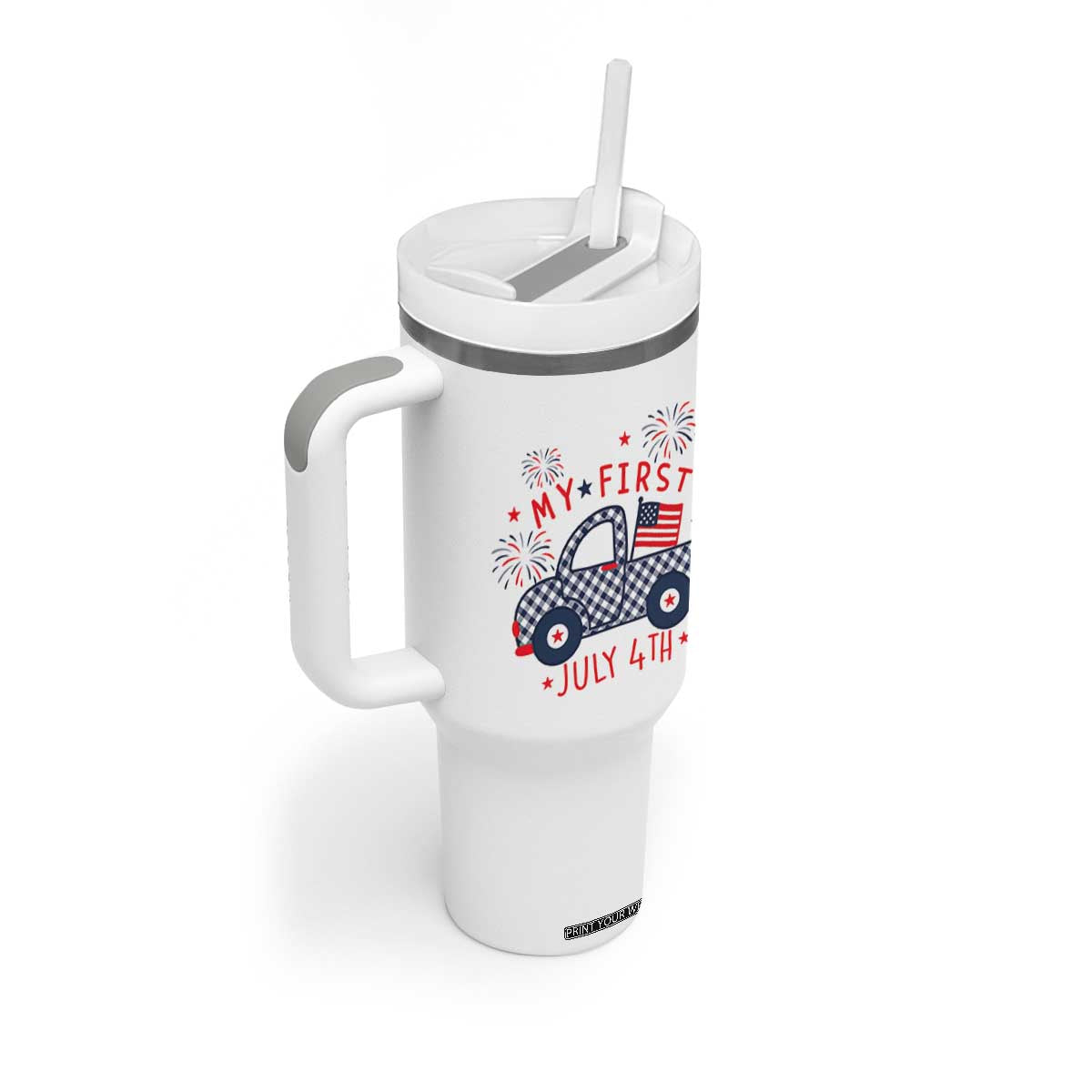 My First July 4th Gingham Vintage Truck Americana Tumbler With Handle Patriotic Fireworks Independence Holiday Milestone