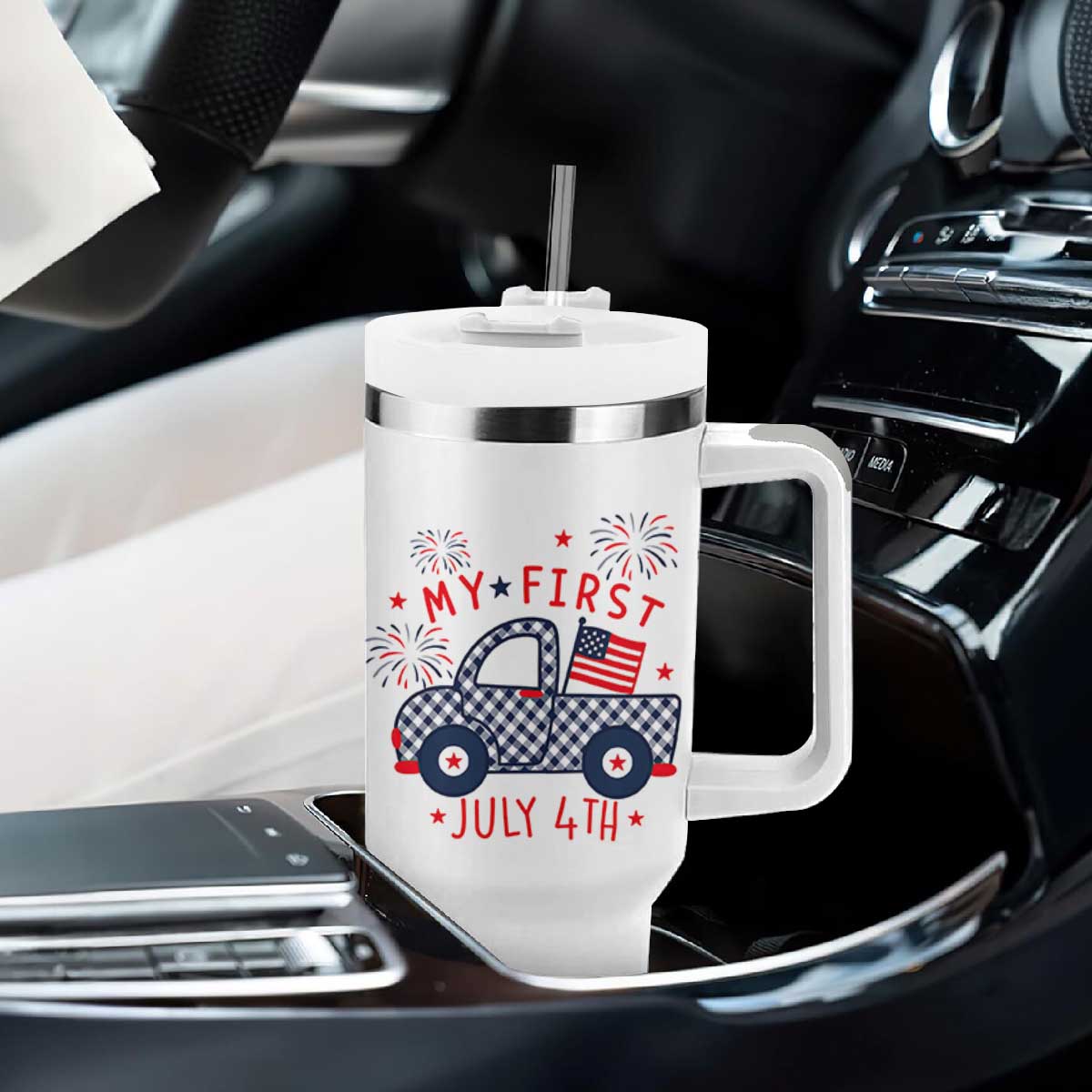 My First July 4th Gingham Vintage Truck Americana Tumbler With Handle Patriotic Fireworks Independence Holiday Milestone